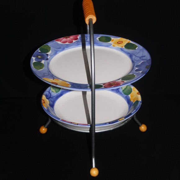 Himark Indigo 2 Tiered Fruit Bowl | Cake Pastry Stand | Hand Painted in Portugal - Picture 2 of 8